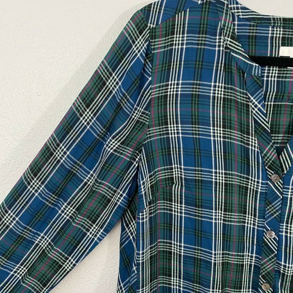 J Jill Cute Plaid Shirt Split Vneck-banded collar Long sleeve asymmetric hem - Picture 3 of 10